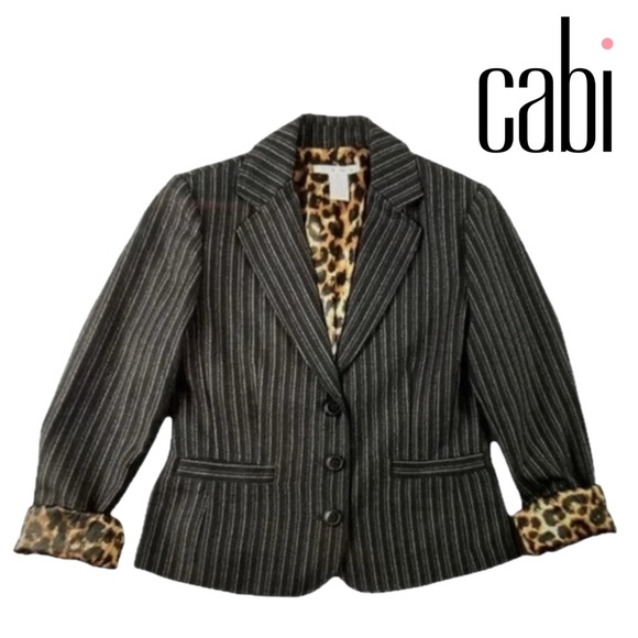 CAbi 364 Joey Blazer/Jacket Black Pinstriped & Leopard Lining Button Front Sz 10 - Picture 1 of 12